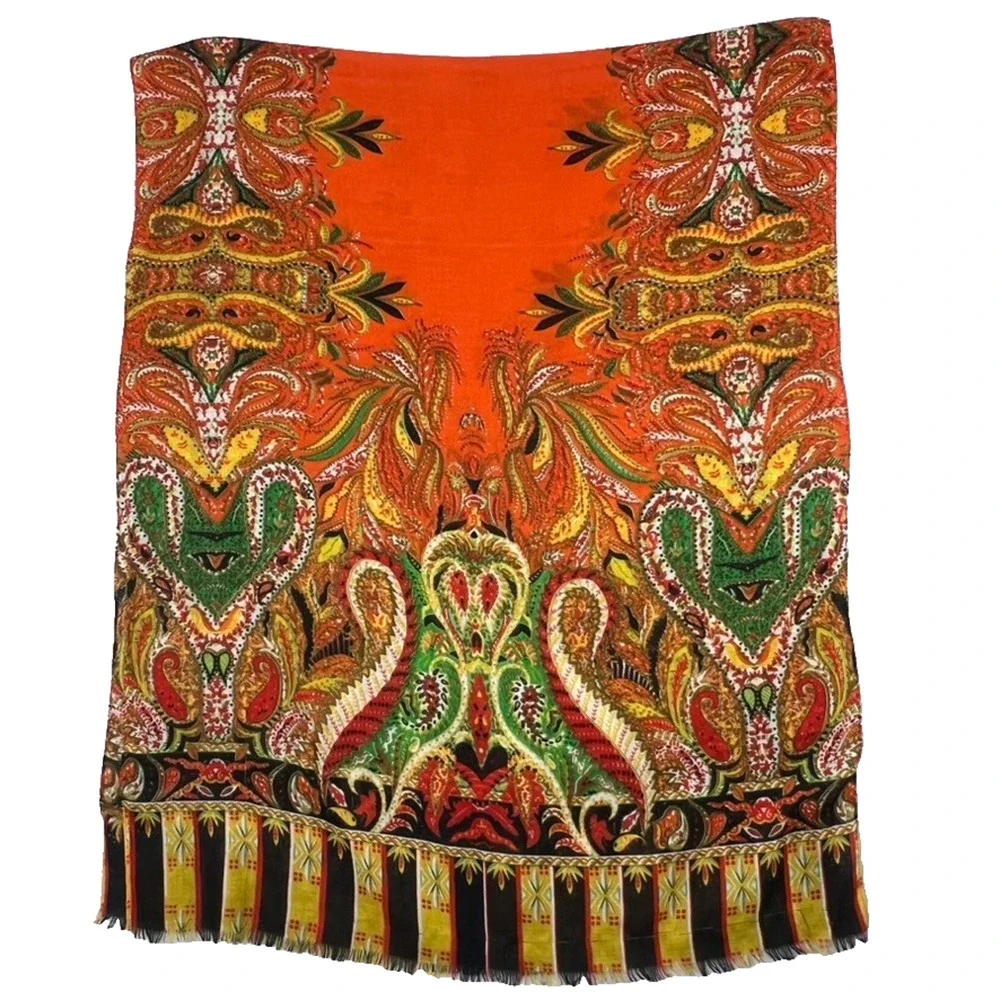 Scarf Wrap Shawl Floral XL Long Orange Green Vtg Viscose
